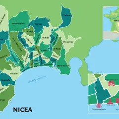 Mapa administracyjna Nicei, pokazująca jej dzielnice i położenie we Francji. Gdzie jest Nicea? Na Lazurowym Wybrzeżu.