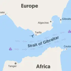 Mapa pokazuje Cieśninę Gibraltarską, oddzielającą Europę od Afryki. Gdzie leży Maroko? Na południe od cieśniny, obok Tangeru.