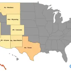 Mapa USA z zaznaczonymi stanami. #1 Alaska to największy stan USA. Widać też Teksas, Kalifornię i inne.