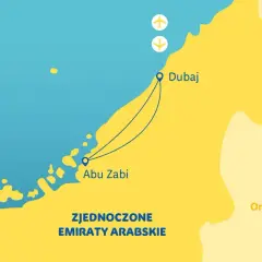 Mapa Zjednoczonych Emiratów Arabskich. Widać połączenie lotnicze między Dubajem a Abu Zabi.