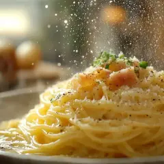 Pyszna carbonara, posypana startym serem, idealna na obiad. Jaki ser do carbonary? Najlepszy parmezan!