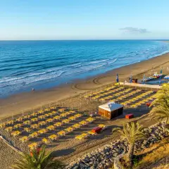 Słoneczna plaża Playa del Inglés z rzędami żółtych leżaków, turkusowym oceanem i palmami.