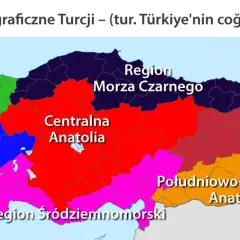 Mapa pokazuje, gdzie leży Turcja, podzielona na regiony: Morze Czarne, Centralna Anatolia, Południowo-Wschodnia Anatolia i Region Śródziemnomorski.