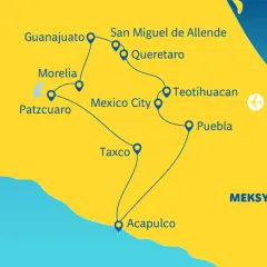 Mapa turystyczna pokazuje, gdzie leży Meksyk, z zaznaczonymi miastami: Guanajuato, San Miguel de Allende, Queretaro, Morelia, Patzcuaro, Mexico City, Teotihuacan, Puebla, Taxco i Acapulco.