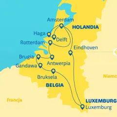 Mapa turystyczna regionu **Benelux** z zaznaczonymi trasami między miastami Holandii, Belgii i Luksemburga.