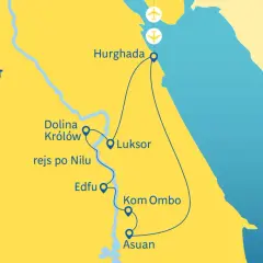 Mapa przedstawia turystyczne regiony Egiptu: Hurghadę, Luksor, Dolinę Królów, Edfu, Kom Ombo i Asuan, z zaznaczonym rejsem po Nilu.