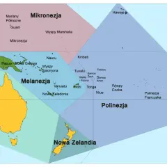 Mapa przedstawia podział państw Oceanii na regiony: Mikronezję, Melanezję i Polinezję, z zaznaczoną Australią i Nową Zelandią.