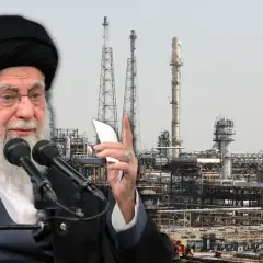 Ajatollah Chamenei przemawia na tle kompleksu przemysłowego, symbolizującego gospodarkę i **iran ludność**.