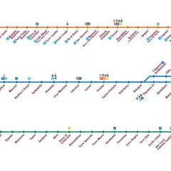 Mapa komunikacji miejskiej w Rzymie: linie metra MA, MB i MC z zaznaczonymi stacjami i przesiadkami.