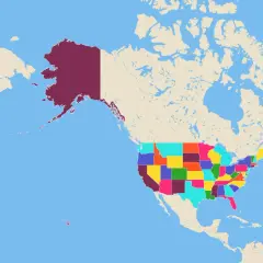 Mapa USA z kolorowymi stanami, w tym Alaska i Hawaje. Stany USA alfabetycznie, pogrupowane kolorami.
