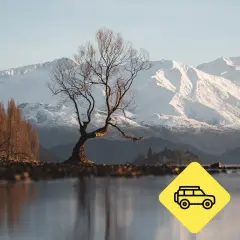 Zimowa Nowa Zelandia: samotne drzewo nad jeziorem, ośnieżone góry w tle. Obok żółty znak z kamperem i napis "Camper Mate".