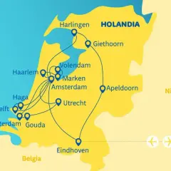 Mapa Holandii z zaznaczonymi miastami: Amsterdam, Haga, Rotterdam, Utrecht, Giethoorn, Eindhoven.