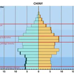 Chiny: piramida wieku pokazuje strukturę ludności. Widać wpływ polityki jednego dziecka i rewolucji kulturalnej na demografię Chin.
