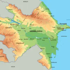 Mapa Azerbejdżanu z zaznaczonym Baku, stolicą kraju, leżącą nad Morzem Kaspijskim. Gdzie jest Baku? Tutaj!