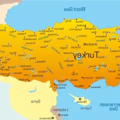 Mapa Turcji z zaznaczonymi miastami. Zobacz, z kim graniczy Turcja: Grecja, Bułgaria, Gruzja, Armenia, Iran, Irak, Syria.