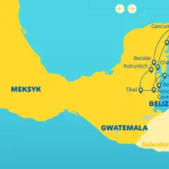 Mapa turystyczna z zaznaczonymi trasami po państwach na Jukatanie: Meksyk, Belize, Gwatemala.