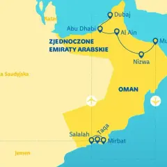 Mapa pokazuje, gdzie jest Oman, jego stolica Maskat, oraz inne miasta jak Salalah. Zjednoczone Emiraty Arabskie i Arabia Saudyjska sąsiadują z Omanem.