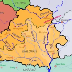 Mapa polityczna pokazująca, gdzie leży Białoruś, otoczona przez Litwę, Łotwę, Rosję, Ukrainę i Polskę. Widoczne rzeki: Niemen, Dźwina, Prypeć, Dniepr, Soż.
