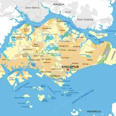 Mapa pokazuje, gdzie leży Singapur, otoczony przez Malezję i Indonezję, z licznymi wyspami i cieśninami.