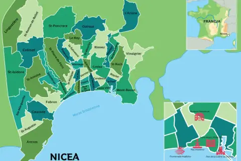 Mapa administracyjna Nicei, pokazująca jej dzielnice i położenie we Francji. Gdzie jest Nicea? Na Lazurowym Wybrzeżu.