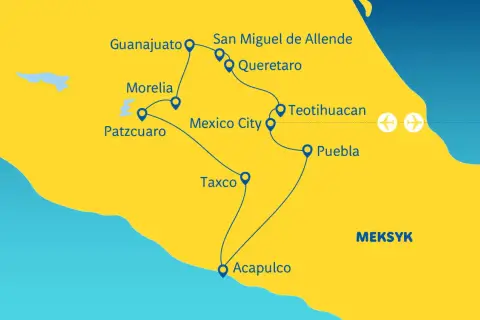 Mapa turystyczna pokazuje, gdzie leży Meksyk, z zaznaczonymi miastami: Guanajuato, San Miguel de Allende, Queretaro, Morelia, Patzcuaro, Mexico City, Teotihuacan, Puebla, Taxco i Acapulco.