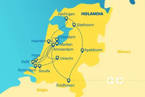 Mapa Holandii z zaznaczonymi miastami: Amsterdam, Haga, Rotterdam, Utrecht, Giethoorn, Eindhoven.