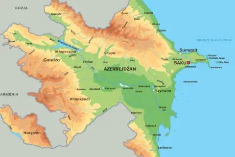 Mapa Azerbejdżanu z zaznaczonym Baku, stolicą kraju, leżącą nad Morzem Kaspijskim. Gdzie jest Baku? Tutaj!