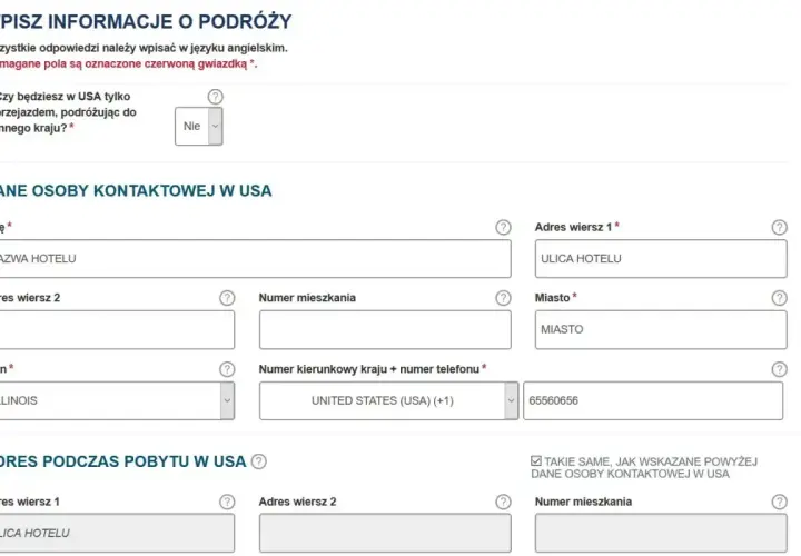 Formularz podróżny: dane kontaktowe w USA. Pytanie "Czy do USA potrzebna jest wiza?" i pola adresowe.