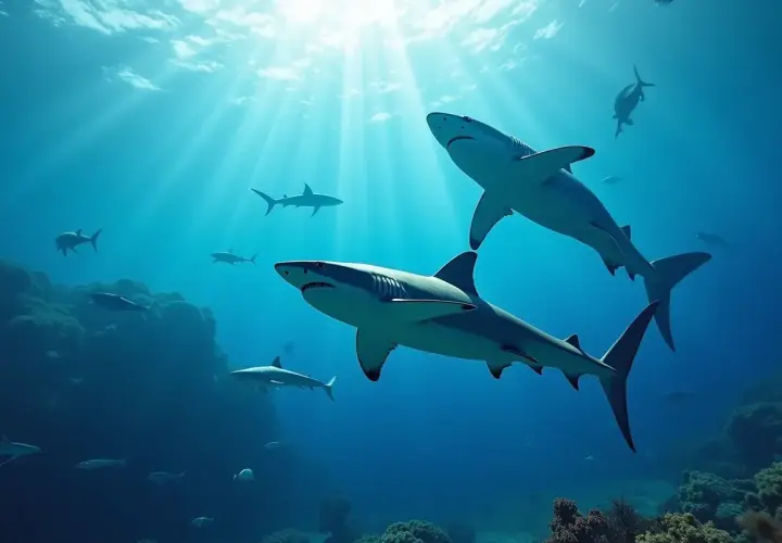 Dwa rekiny pływające w błękitnej wodzie oceanu, z promieniami słońca przebijającymi się przez powierzchnię.