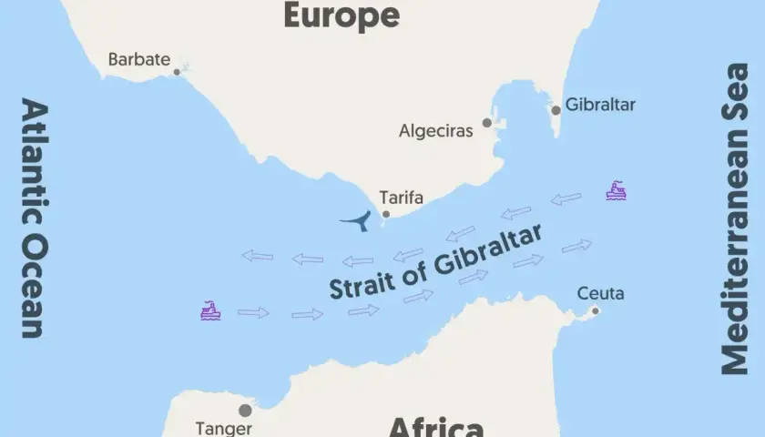 Mapa pokazuje Cieśninę Gibraltarską, oddzielającą Europę od Afryki. Gdzie leży Maroko? Na południe od cieśniny, obok Tangeru.