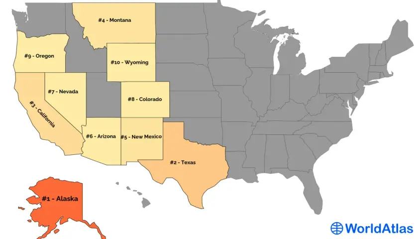 Mapa USA z zaznaczonymi stanami. #1 Alaska to największy stan USA. Widać też Teksas, Kalifornię i inne.