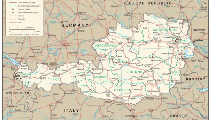 Mapa Austrii z zaznaczonym podziałem administracyjnym na kraje związkowe (Bundesland), stolice i główne miasta.