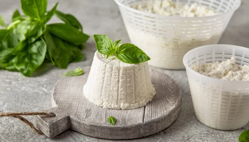 Świeża ricotta z bazylią, która zachęca do odkrycia, jak smakuje ricotta. Delikatny ser w koszyczkach i na desce.