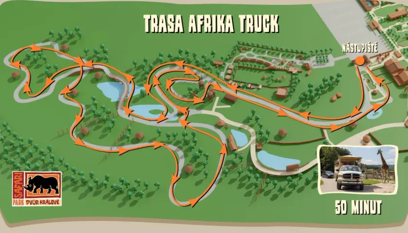 Mapa trasy "Afrika Truck" w Safari Parku Dvůr Králové. Pomarańczowe strzałki wskazują drogę przez teren parku, gdzie można zobaczyć zwierzęta.