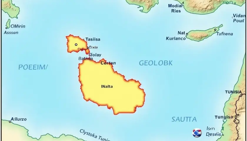 Malta leży na mapie między Włochami a Tunezją, na południe od Sycylii.