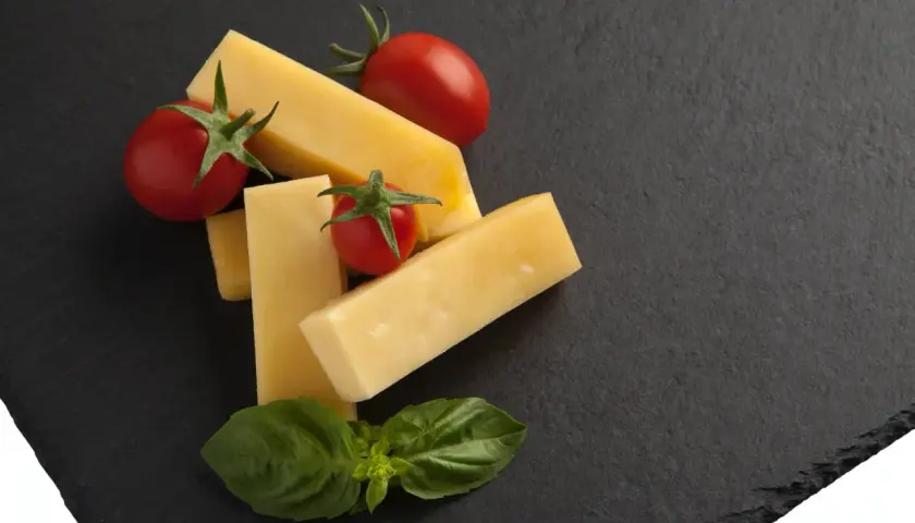 Pecorino co to? Kawałki żółtego sera, pomidorki koktajlowe i listki bazylii na ciemnej desce.