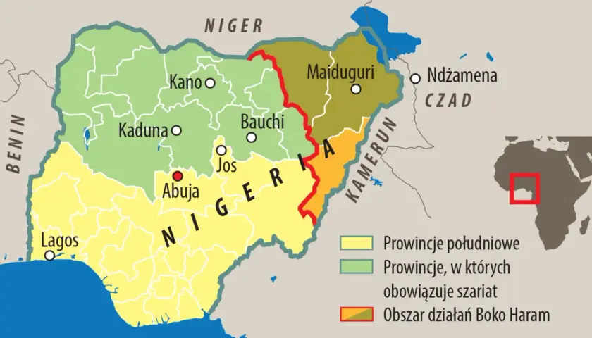 Mapa Afryki z zaznaczoną Nigerią. Pokazuje, gdzie leży Nigeria, jej stolice (Abuja, Lagos) i sąsiadów (Benin, Niger, Kamerun, Czad).