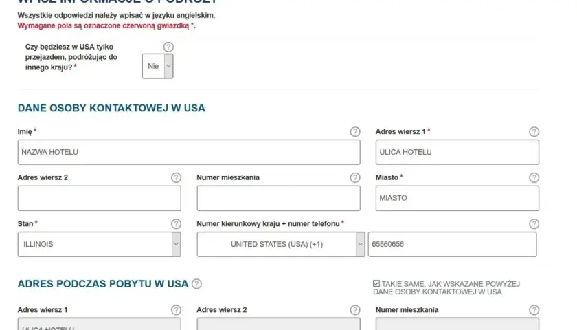 Formularz podróżny: dane kontaktowe w USA. Pytanie "Czy do USA potrzebna jest wiza?" i pola adresowe.