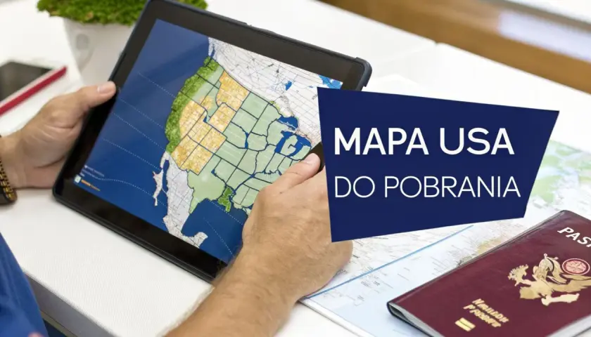 Osoba planuje podróż, przeglądając na tablecie mapę, która pokazuje, gdzie leżą Stany Zjednoczone. Obok leży paszport.