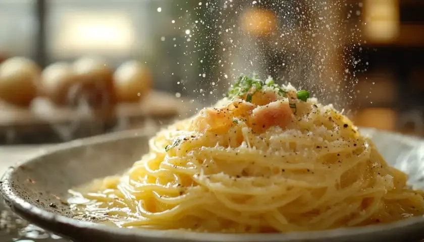 Pyszna carbonara, posypana startym serem, idealna na obiad. Jaki ser do carbonary? Najlepszy parmezan!