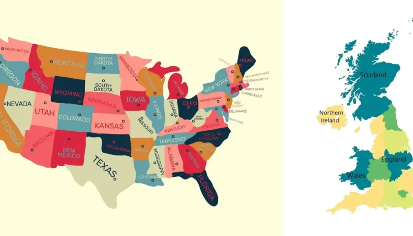 Mapa USA i Wielkiej Brytanii. Na mapie Wielkiej Brytanii widać Szkocję, Walię, Anglię i Irlandię Północną, pokazując gdzie leży Wielka Brytania.
