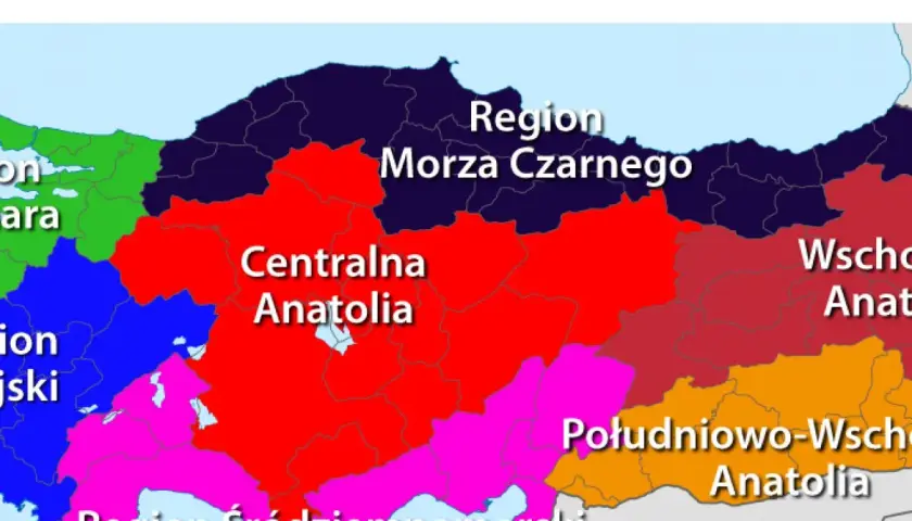 Mapa pokazuje, gdzie leży Turcja, podzielona na regiony: Morze Czarne, Centralna Anatolia, Południowo-Wschodnia Anatolia i Region Śródziemnomorski.