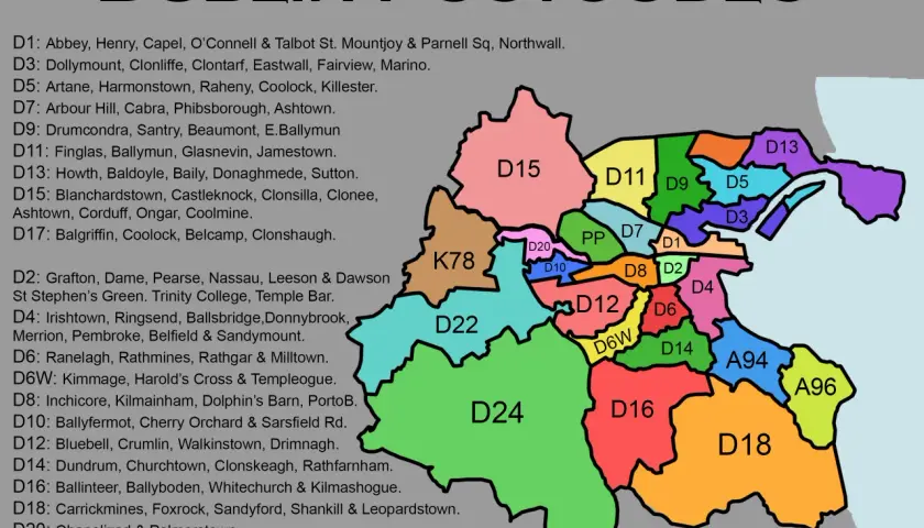 Mapa kolorowych stref z numerami kodów pocztowych Dublin. Znajdź swój **dublin kod pocztowy** na tej mapie.