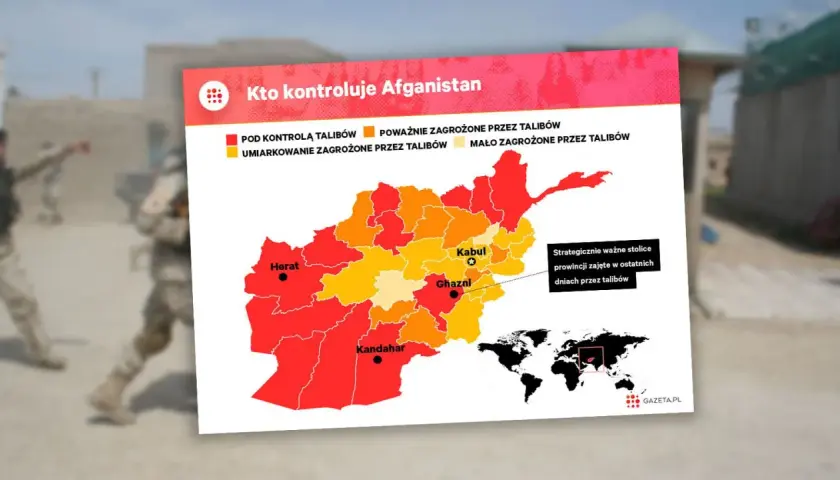 Mapa pokazuje, gdzie leży Afganistan i jakie prowincje są pod kontrolą talibów. Kolory oznaczają stopień zagrożenia.