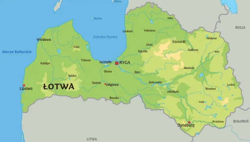Mapa Łotwy z zaznaczonymi miastami, rzekami i wybrzeżem Morza Bałtyckiego. Na południu widoczna Litwa, z którą Łotwa graniczy.