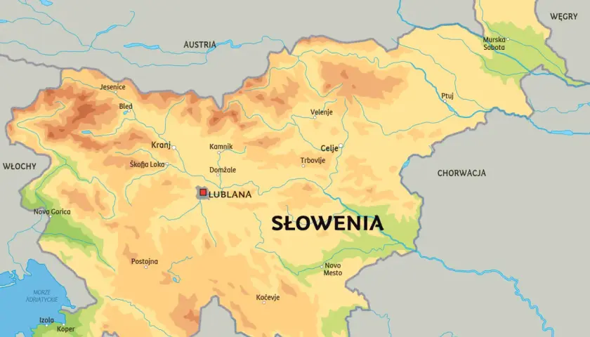 Mapa Słowenii, pokazująca jej położenie między Austrią, Włochami, Węgrami i Chorwacją, z zaznaczonymi miastami jak Lublana.