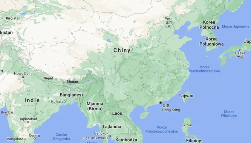 Mapa Azji Wschodniej. Widać Chiny, Indie, Tajlandię, Wietnam, Koreę Północną i Południową, Japonię, Filipiny. Sąsiedzi Chin to m.in. Indie, Nepal, Bhutan, Mjanma, Laos, Wietnam, Rosja, Kazachstan, Kirgistan, Tadżykistan, Afganistan, Pakistan, Iran, Tur...