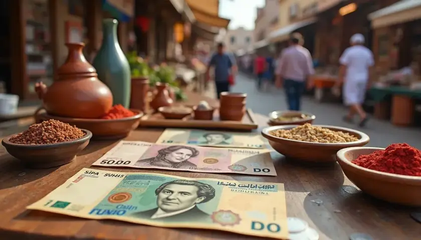 Na stole leżą banknoty tunezyjska waluta, obok miseczki z przyprawami i ziarnami.