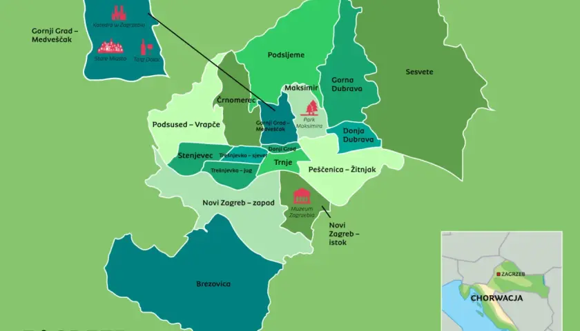Mapa Zagrzebia z zaznaczonymi dzielnicami. Gdzie jest zagrzeb? W Chorwacji, stolica pełna atrakcji.