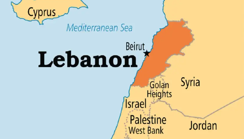 Mapa polityczna Bliskiego Wschodu. **Liban gdzie leży** między Morzem Śródziemnym, Syrią i Izraelem. Stolica: Bejrut.